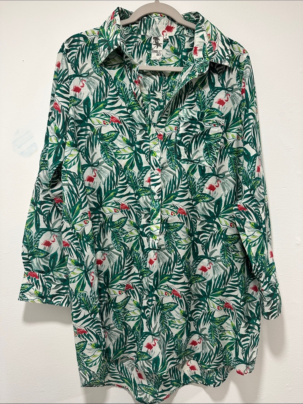 Tropical Leaf & Flamingo Button-Up Cover Up- Green/White/Pink 256